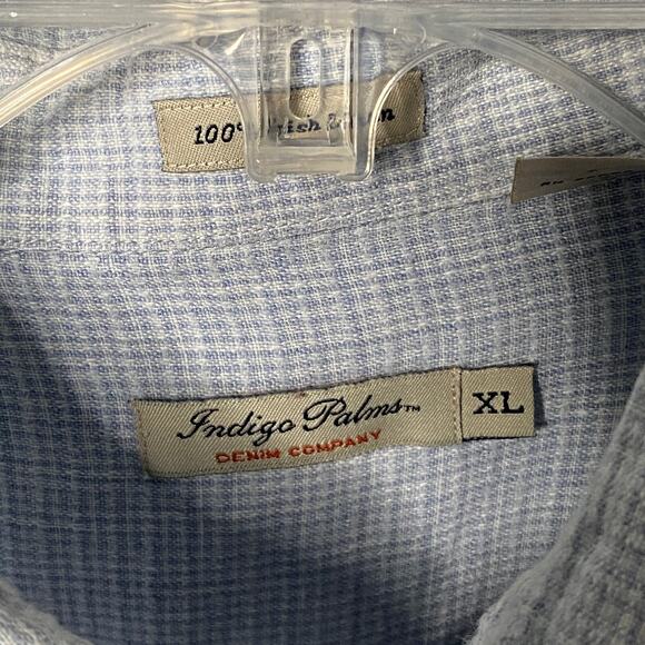Indigo Palms Shirt Mens Extra Large Blue White Check Irish Linen Short Sleeve - Picture 3 of 9